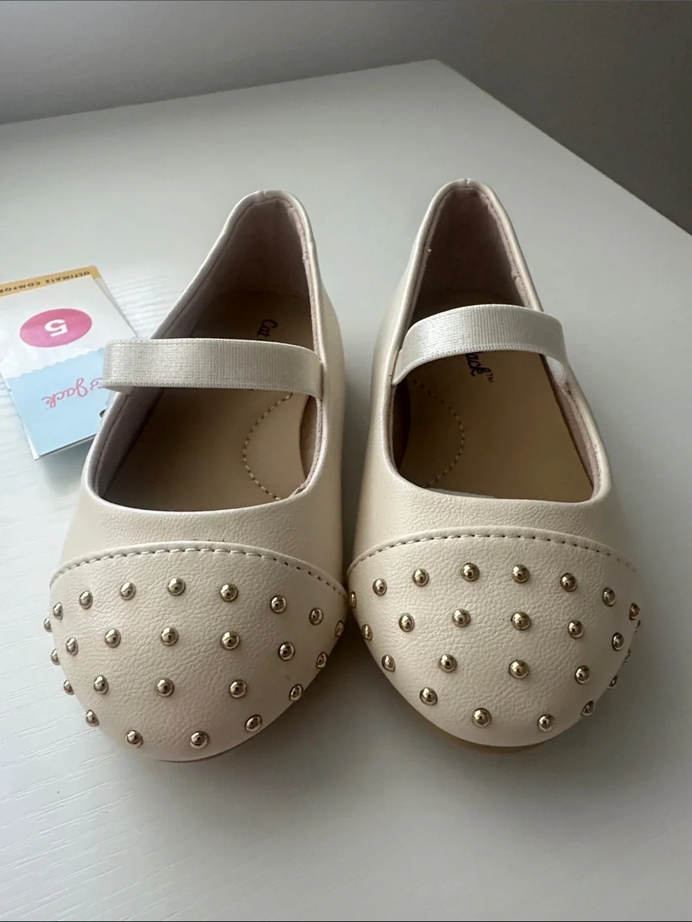Girls Cream Mary Jane Flats with Gold Studs